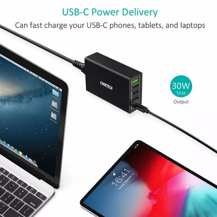 CHOETECH Q3-4U2Q Premium 5-Port USB-C PD Charger with Quick Charge 3.0 60W