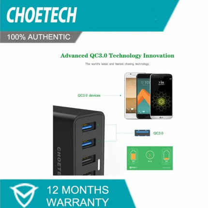 CHOETECH Q3-4U2Q Premium 5-Port USB-C PD Charger with Quick Charge 3.0 60W