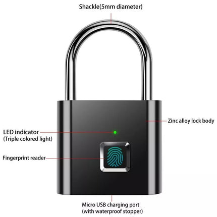 BDI Rechargeable Smart Fingerprint Padlock w/ USB Charging -Suitcase, Gym Locker