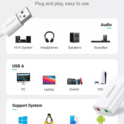 Ugreen USB 2.0 to External 3.5mm AUX Sound Card Adapter for Audio Microphone