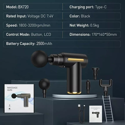 BDI 6 Speeds Mini Massage Gun Fascial Massager with 4 Massage Heads & PD Charger