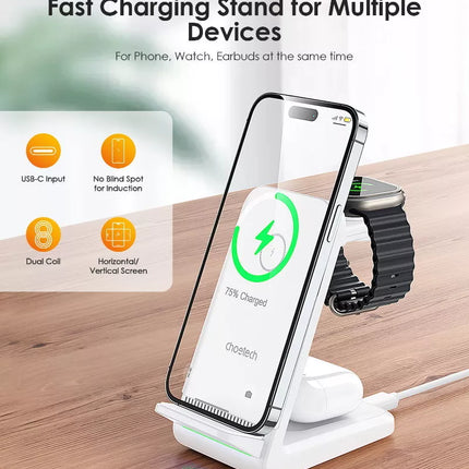 CHOETECH T608 15W 3-in-1 Wireless Charger Stand for Apple iWatch & Samsung Watch