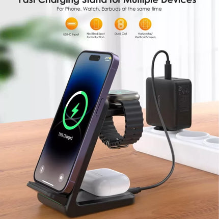 CHOETECH T608 15W 3-in-1 Wireless Charger Stand for Apple iWatch & Samsung Watch