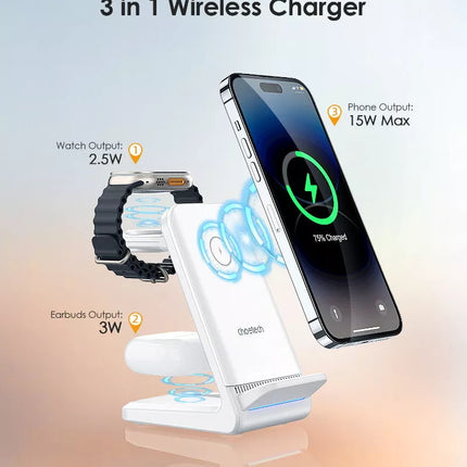 CHOETECH T608 15W 3-in-1 Wireless Charger Stand for Apple iWatch & Samsung Watch