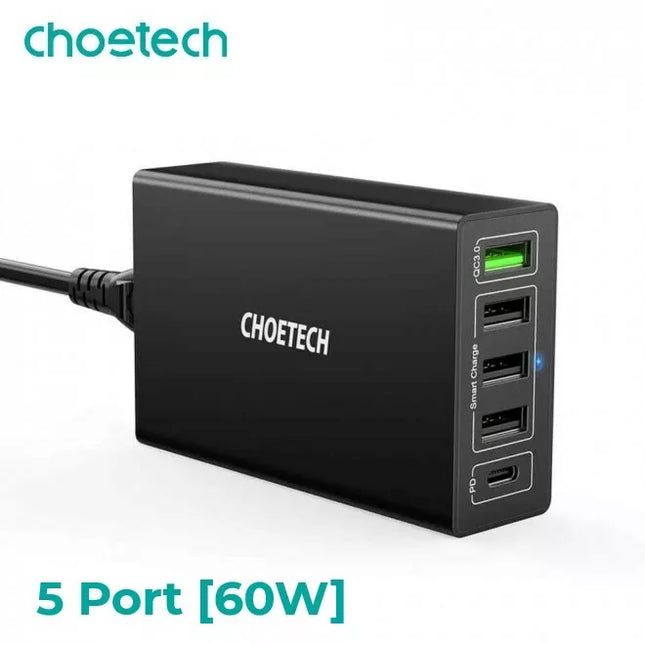 CHOETECH Q3-4U2Q Premium 5-Port USB-C PD Charger with Quick Charge 3.0 60W