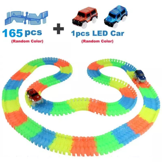QWZ 165 pcs Glow Race Tracks Flex & Glow in The Dark Race Car Tracks for Kids