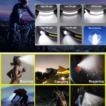 Head Light Motion Sensor Rechargeable Head Torch Headlamp IPX5 Waterproof