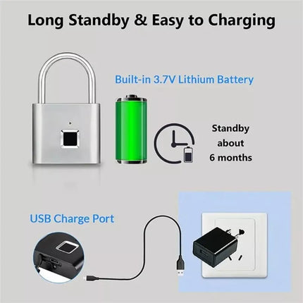 BDI Rechargeable Smart Fingerprint Padlock w/ USB Charging -Suitcase, Gym Locker