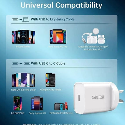 Choetech 20W PD USB-C Wall Charger QC 3.0 Power Adapter + Cable For iPhone 14 13