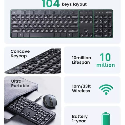 UGREEN 104-Key 2.4GHz Ergonomic Wireless Keyboard - Windows, Mac, Linux, Android