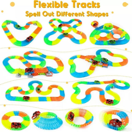QWZ 165 pcs Glow Race Tracks Flex & Glow in The Dark Race Car Tracks for Kids