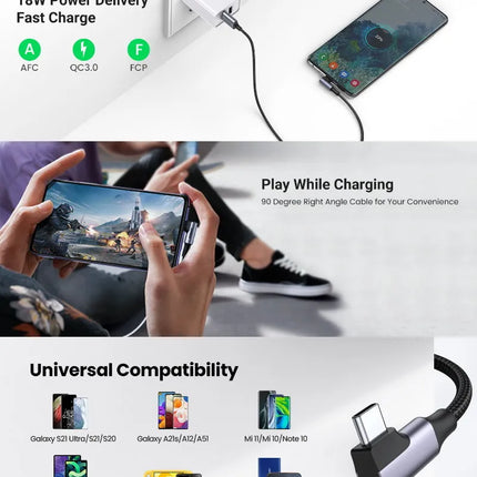 Ugreen Right Angle 90 Degree USB-A to USB-C 18W 3A Fast Charger Cable