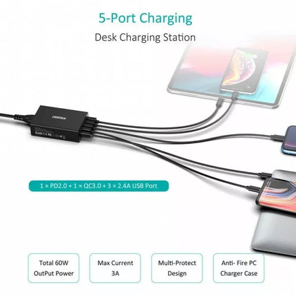 CHOETECH Q3-4U2Q Premium 5-Port USB-C PD Charger with Quick Charge 3.0 60W