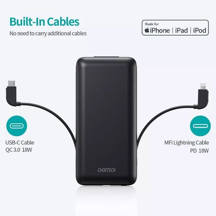 Choetech PD18W 10,000mAh Power Bank Built-in MFi Cable & USB-C Charging Cable