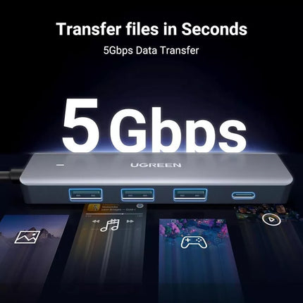 UGREEN 5-In-1 Ultra Slim 4-Port USB 3.0 Hub PD Charging with 5Gbps Data Transfer
