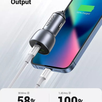 UGREEN 42.5w Type-C Fast Car Charger Adapter Dual Ports iPhone 14, iPad