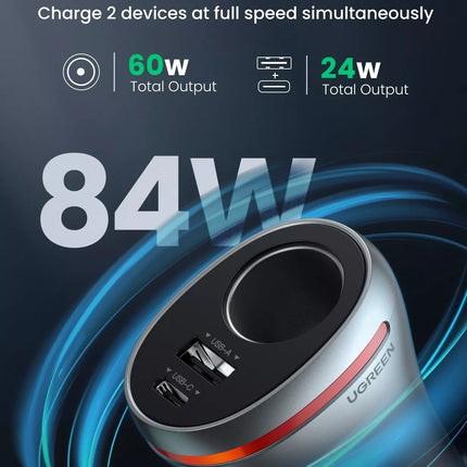 UGREEN 84W 3-Port PD & QC USB C Fast Car Charger 12V/24V 5A Cigarette Lighter