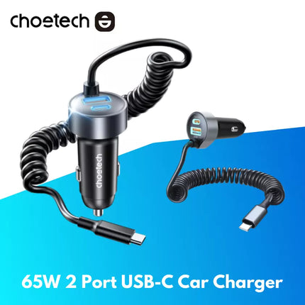 Choetech TC0030 65W 2 Port USB-C Car Charger Super Fast Charge Adapter with USB-C Cable