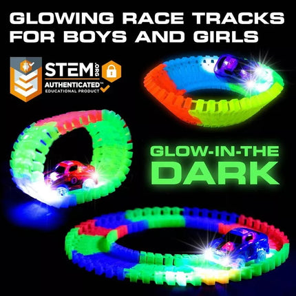 QWZ 165 pcs Glow Race Tracks Flex & Glow in The Dark Race Car Tracks for Kids