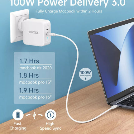 Choetech PD 100W GaN Dual USB Type C Travel Fast Charger For MacBook, iPhone 16