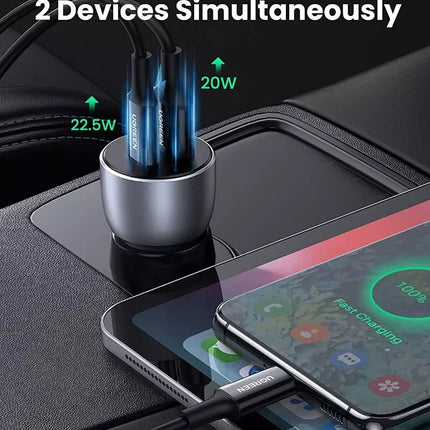 UGREEN 42.5w Type-C Fast Car Charger Adapter Dual Ports iPhone 14, iPad