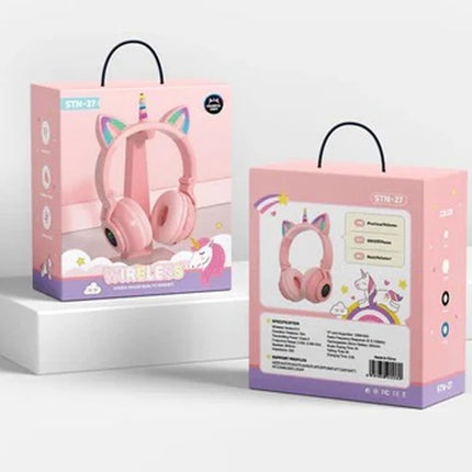 BDI Kawaii Unicorn Cat Ear Wireless Headphones with Microphone MIC RGB For Kids