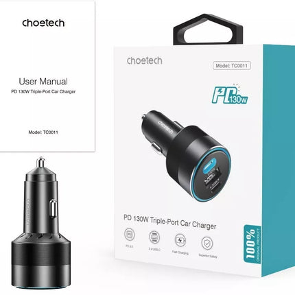 Choetech 130W Dual USB-C & USB Fast Car Charger iPhone 16 iPad MacBook Laptop