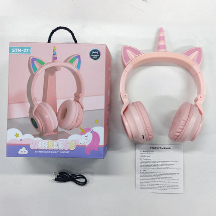 BDI Kawaii Unicorn Cat Ear Wireless Headphones with Microphone MIC RGB For Kids