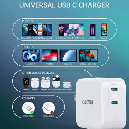 Choetech PD6009 PD 40W USB-C Fast Wall Charger Power Adapter For iPhone 16, S23