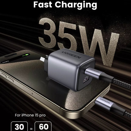 UGREEN 35W Nexode GaN 2-Ports USB-C & USB-A PD3.0 Fast Wall Charger iPhone 16