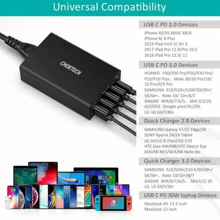 CHOETECH Q3-4U2Q Premium 5-Port USB-C PD Charger with Quick Charge 3.0 60W