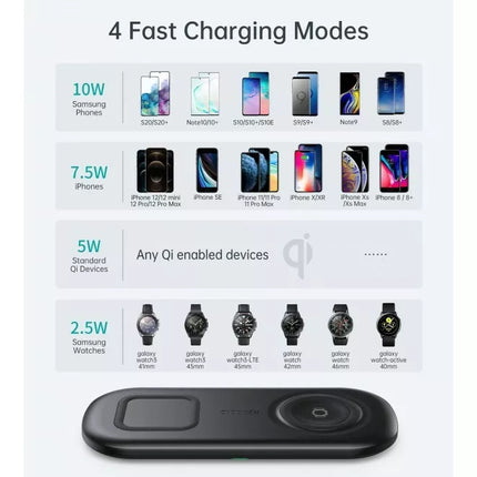 CHOETECH T570-S 2-in-1 Wireless Charger Pad - iPhone 14, 13, 12 or Samsung Watch