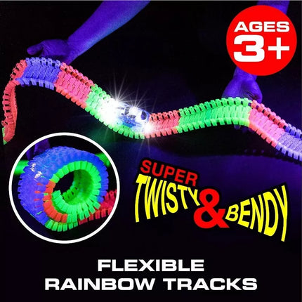 QWZ 165 pcs Glow Race Tracks Flex & Glow in The Dark Race Car Tracks for Kids