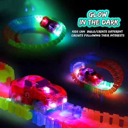 QWZ 165 pcs Glow Race Tracks Flex & Glow in The Dark Race Car Tracks for Kids