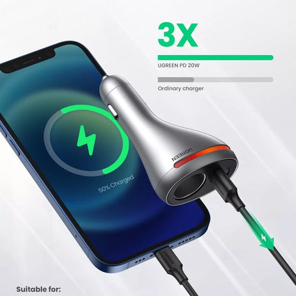 UGREEN 84W 3-Port PD & QC USB C Fast Car Charger 12V/24V 5A Cigarette Lighter