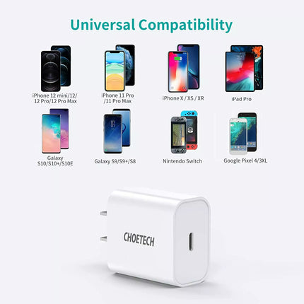 Choetech 20W PD USB-C Wall Charger QC 3.0 Power Adapter + Cable For iPhone 14 13