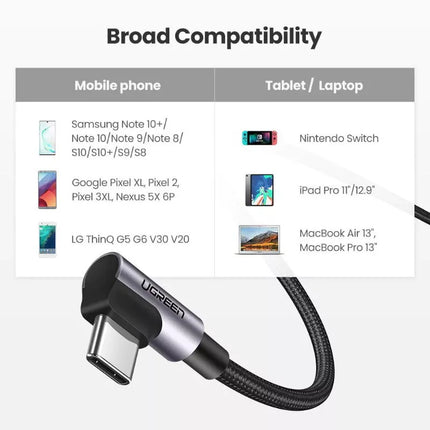 Ugreen 90° Angled Right Angle USB C to USB C Cable PD 60W 3A Fast Charging