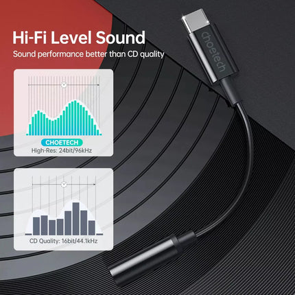 Choetech AUX003 USB C to 3.5mm AUX Adapter with DAC Chip Headphone Audio S23 iPad Pro