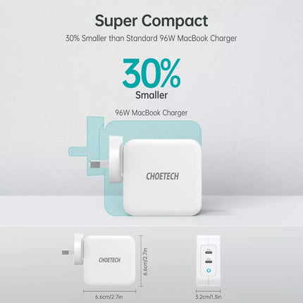 Choetech PD 100W GaN Dual USB Type C Travel Fast Charger For MacBook, iPhone 16