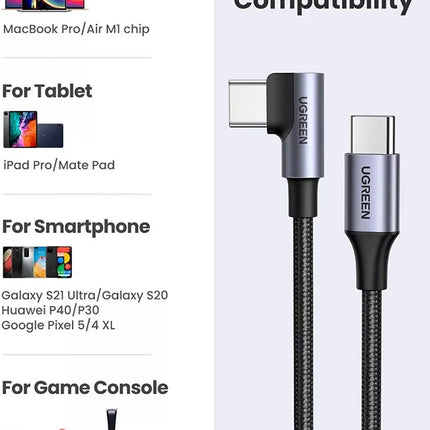 Ugreen USB-C to USB-C 90° Angled Type C 60W PD Fast Charge Charging Cable