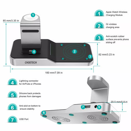 CHOETECH T316 4-in-1 MFi Wireless Charger Docking Station iPhone iPad Watch iPod