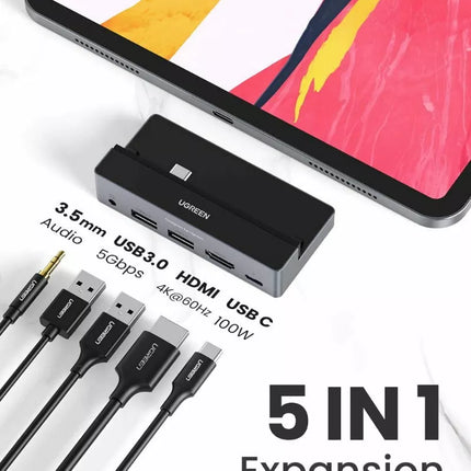Ugreen 5-in-1 USB-C Multiport Adaptor Hub For iPad Pro -HDMI, USB, 3.5mm