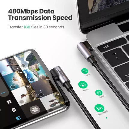 Ugreen 90° Angled Right Angle USB C to USB C Cable PD 60W 3A Fast Charging