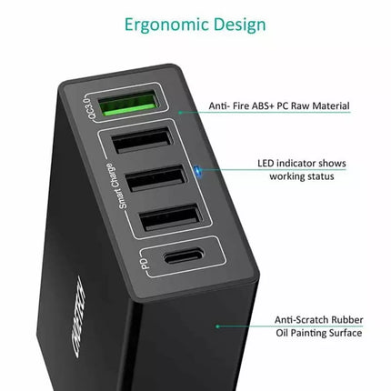CHOETECH Q3-4U2Q Premium 5-Port USB-C PD Charger with Quick Charge 3.0 60W