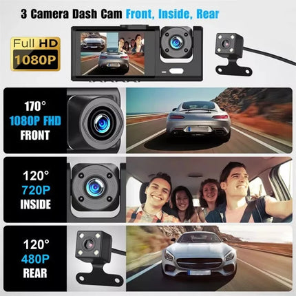 BDI 3 Channel Dash Cam DVR 1080P Front + Inside + Rear for Cars, Uber Driver