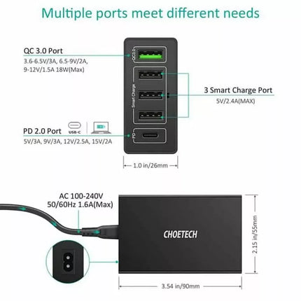 CHOETECH Q3-4U2Q Premium 5-Port USB-C PD Charger with Quick Charge 3.0 60W