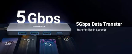 UGREEN 5-In-1 Ultra Slim 4-Port USB 3.0 Hub PD Charging with 5Gbps Data Transfer