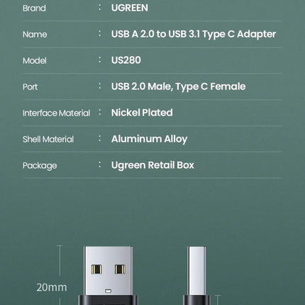 Ugreen USB C Type-C 3.1 Female to USB 2.0 Male Adapter 5Gbps Plug Data Transfer
