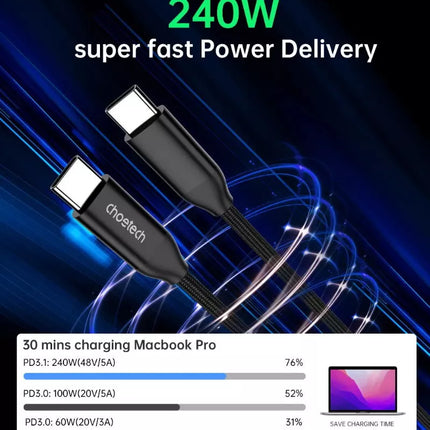 Choetech PD3.1 240W USB-C to USB-C Nylon Cable 5A Fast Charger Power MacBook S23