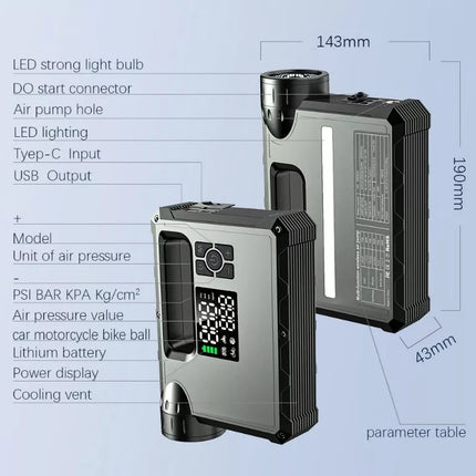 Choetech 5-in-1 10000mAh/37Wh Car Jump Starter, Power Bank, Air Pump, Flashlight